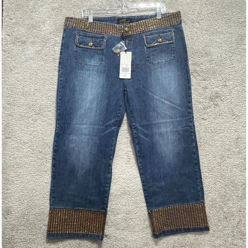 Platinum Plush Jeans Pants Women's 19 Blue Wide Straight Leg Cropped Embellished